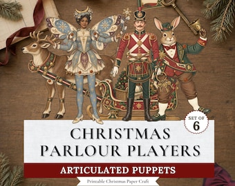 Victorian Christmas Articulated Paper Dolls Printable, Set of 6 Movable Vintage Puppets, Xmas Ornaments and Winter Holiday Craft
