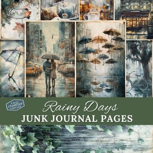 Regnerischer Tag Junk Journal Kit, Frühling digitale Seiten, druckbare Bastelbedarf, Regen Scrapbook Collage, Sofortiger Download, Regenschirm Stormy Moody