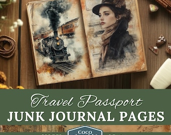 Junk Journal Passport Printable, 10 Travel Explorers Pages Kit, Vintage Steampunk, Antique Vacation, Digital Travelers Notebook, Adventure