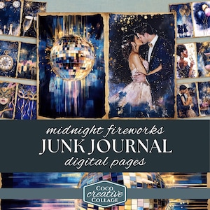 Pages de journal indésirable pour la Saint-Sylvestre, scrapbooking numérique, kit de papier pour feux d'artifice, célébrations imprimables, éphémères vintage, feuille de collage champagne