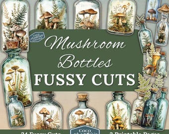 Apothekersflessen kieskeurige snijwonden, kieskeurige champignons, afdrukbare benodigdheden voor junkjournal, bospaddenstoel, kortstondige Cricut, scrapbooking, tags