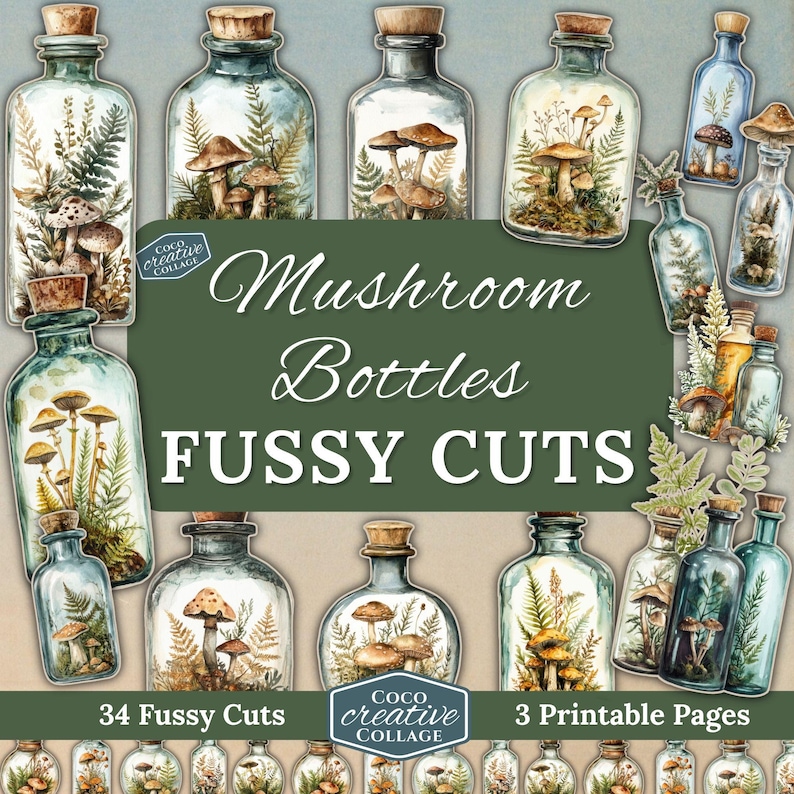 Mushroom Bottles Fussy Cuts: A collection of 34 vintage-style fussy cuts featuring apothecary bottles filled with mushrooms and woodland elements, perfect for junk journaling and scrapbooking.