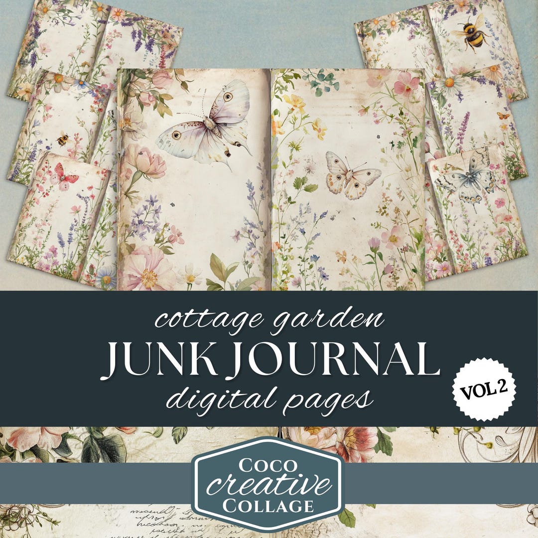 Cottage Garden Junk Journal Kit With Watercolor Wildflowers, Butterfly ...