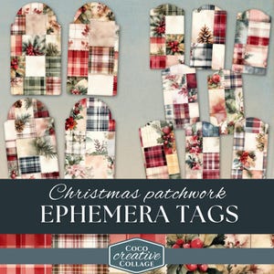 Könnte beinhalten: Set mit 10 druckbaren Weihnachtsgeschenkanhängern mit Patchwork-Design in Rot-, Grün- und Weißtönen. Die Anhänger haben einen gewellten Rand und sind perfekt, um Ihren Geschenken eine festliche Note zu verleihen.