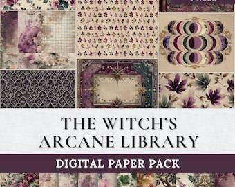 Witch Digital Papers | Arcane Library Gothic Background Pack | Dark Academia Printable Scrapbook Paper | Celestial Grimoire Journal Kit