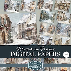 Vintage French House Junk Journal Kit, Winter in France Digital Collage, 10 Printable Village Papers, Cottagecore Aesthetic