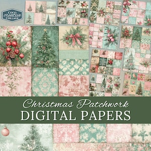 Festive Patchwork Digital Papers, Christmas Holiday Printable Ephemera, Pink & Green Pattern Scrapbooking Supplies, Paper Craft, Background