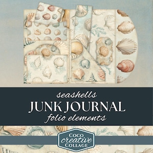 Kit folio coquillage : papiers éphémères imprimables sur la plage côtière, cartes et pochettes, pages de scrapbooking pour l'été, esthétique plage bord de mer, collage