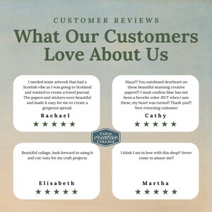 May include: Image of customer reviews for a creative collage shop. The text reads "What Our Customers Love About Us" with four customer testimonials and a shop logo. Each review is accompanied by a five-star rating.