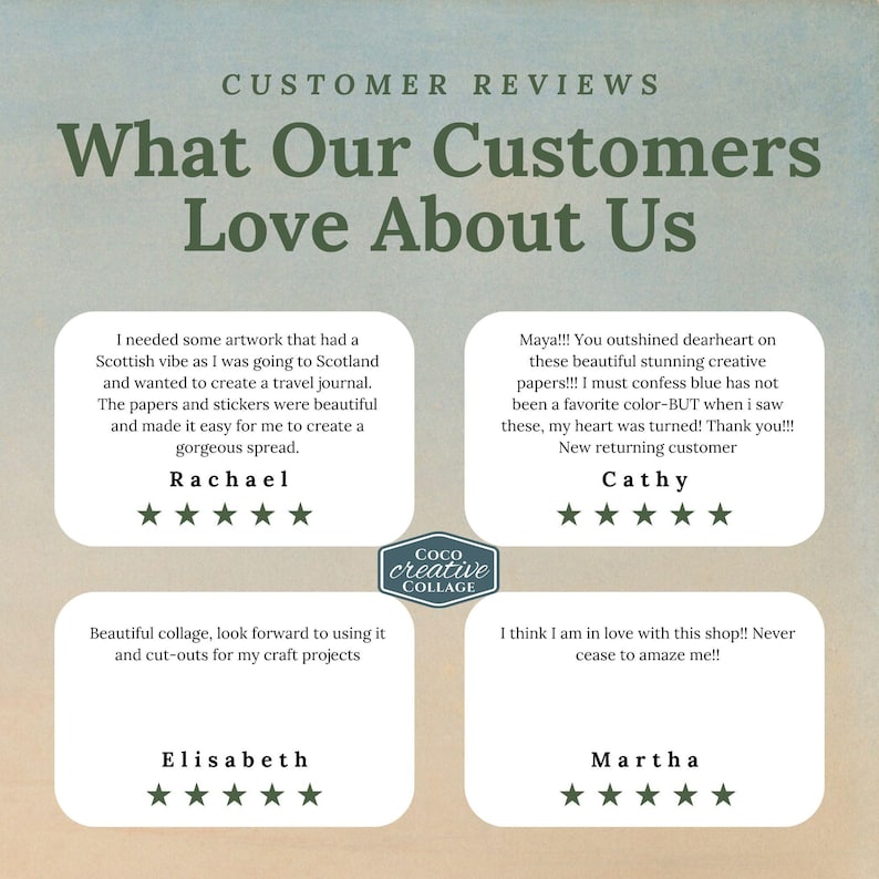 May include: Image of customer reviews for a creative collage shop. The text reads "What Our Customers Love About Us" with four customer testimonials and a shop logo. Each review is accompanied by a five-star rating.