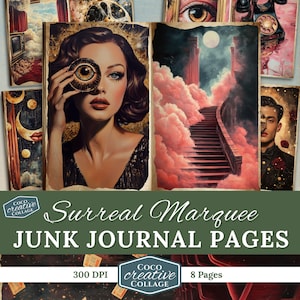 Pagine di diario retrò surreale, carta glamour della vecchia Hollywood, collage digitale, cimeli del cinema d'epoca, donne surrealiste, moda fantasy