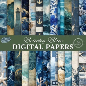 Beachy Blue Papers, Nautical Digital Papers, Printable Scrapbook Pages, Ocean Themed Journal Supplies, Coastal Art, Summer Junk Journal
