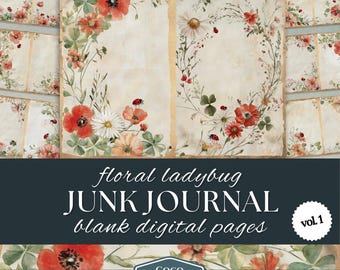 May include: Digital junk journal pages with a floral and ladybug design. The pages are blank and ready to be used for journaling, scrapbooking, or other creative projects. The design features red poppies, white daisies, green clover, and red ladybugs. The pages are labeled "floral ladybug junk journal blank digital pages vol. 1".