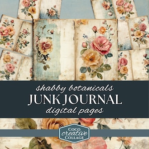 Páginas de diario basura con diseño floral shabby chic para scrapbooking digital y manualidades vintage, 8 papeles botánicos azules, rosa, grunge