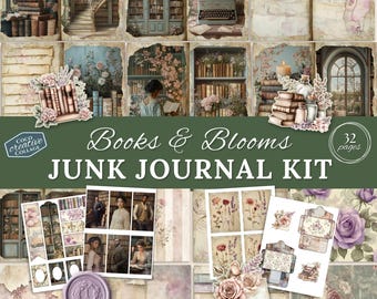 Books & Blooms Library Junk Journal Kit, Printable Vintage Book Lover Ephemera Digital Download Shabby Chic Writing Literary Scrapbook Novel