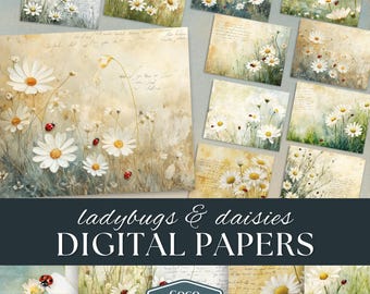 May include: Digital papers featuring a collage of 10 images with a vintage aesthetic. Each image features white daisies and red ladybugs on a light brown background with faded text.