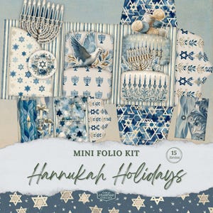 May include: A collage of Hanukkah-themed paper crafts in shades of blue and white. The design includes menorahs, Stars of David, and a dove. The text "Mini Folio Kit" and "Hanukkah Holidays" are visible. The kit contains 15 items.