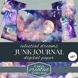 Celestial Junk Journal Kit, Dreams & Galaxy-aquarel, afdrukbare ephemera manen, 8 pagina's astronomiepapier, dierenriemcollage