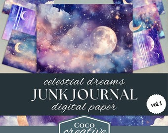 Könnte beinhalten: Ein Satz digitaler Papiere mit dem Thema himmlische Träume. Die Papiere zeigen einen Aquarellhintergrund mit Wolken, Sternen und Monden in den Farben Lila, Blau und Rosa. Der Text "celestial dreams JUNK JOURNAL digital paper vol.1 COCO creative COLLAGE" ist im Bild enthalten.