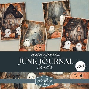 Cottagecore Halloween Junk Journal Cards with Cute Ghosts Ephemera for Paper Craft and Scrapbooking