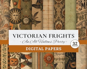 Victorian Halloween Digital Paper Pack, 32 Vintage Scrapbook Backgrounds, Junk Journal Pages, Black Cats, Pumpkins, Party Ephemera