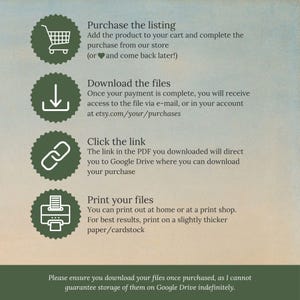 May include: A graphic with instructions for purchasing and downloading digital files. The text includes steps like adding to cart, downloading files, clicking a link, and printing. The background is a watercolor wash.