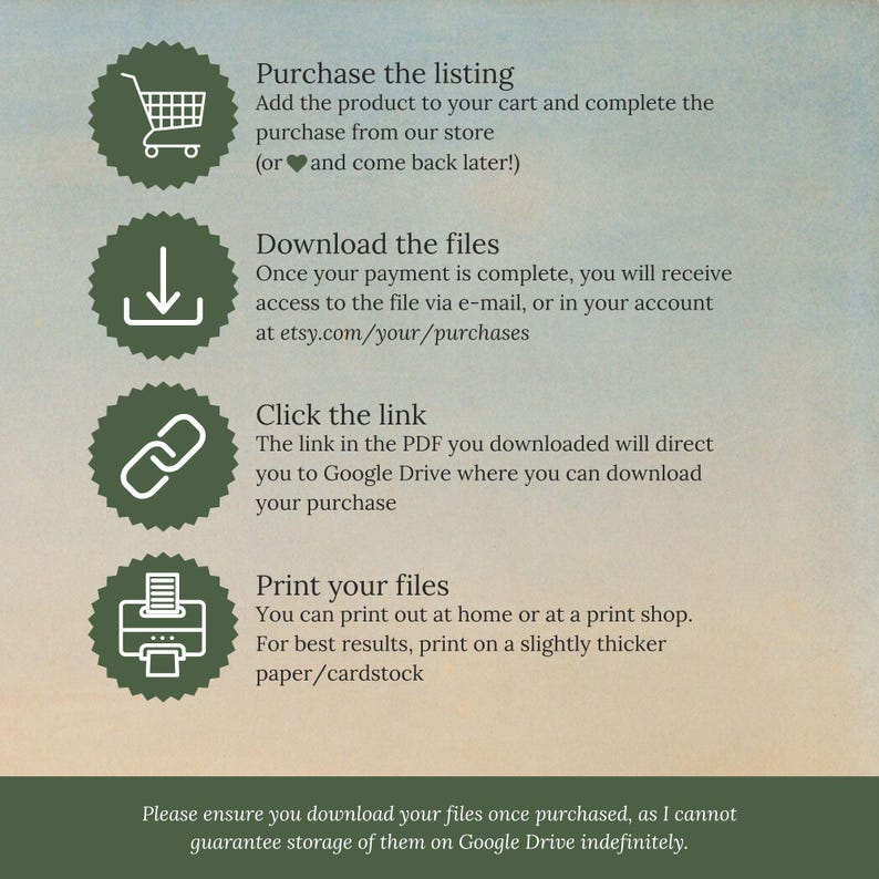 May include: A graphic with instructions for purchasing and downloading digital files. The text includes steps like adding to cart, downloading files, clicking a link, and printing. The background is a watercolor wash.