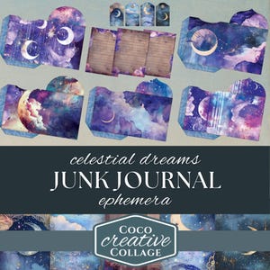 Kit de itens efêmeros Celestial Dreams - Diário de lixo azul e roxo, colagem de galáxias com estrelas e lua, imprimíveis digitais do zodíaco