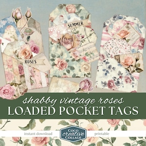 Loaded Pocket Tags, Vintage Roses Junk Journal Kit, Printable Ephemera, Collage Sheet Paper, Shabby Chic  Victorian Garden, Summer