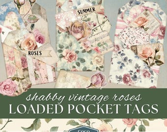 Loaded Pocket Tags, Vintage Roses Junk Journal Kit, Printable Ephemera, Collage Sheet Paper, Shabby Chic  Victorian Garden, Summer