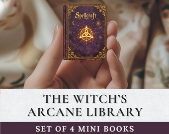 Arcane Library Printable Dollhouse Mini Book Kit, Vintage Witch Junk Journal Miniature Craft, Halloween DIY Digital Ephemera