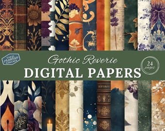 Digitala litterära papper från Gothic Reverie, utskrivbara skräpjournaler från Dark Academia, klippboksark för viktorianska biblioteksböcker, vintageförfattare