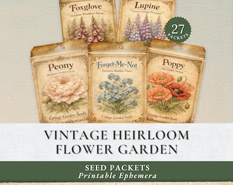 May include: A selection of vintage seed packets showcasing floral illustrations: foxglove, lupine, peony, forget-me-not, and poppy. Each packet is labelled with the flower name and "Cottage Garden Seeds". The text "Vintage Heirloom Flower Garden" is displayed below. There are 27 packets.