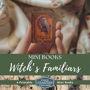 May include: A miniature book with a brown cover featuring an owl illustration and the word "ORACLE." The book is held in a hand. The image also includes the text "MINI BOOKS" and "Witch's Familiars."