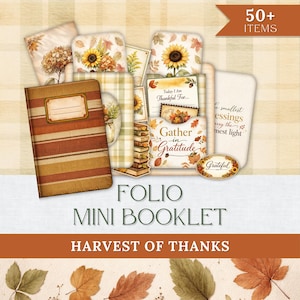 May include: A collection of stationery items with a fall theme. The image includes a notebook, cards with sunflowers, and the text "Gather in Gratitude" and "Harvest of Thanks". The image also includes the text "50+ ITEMS".