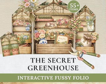 Secret Greenhouse Interactive Fussy Cut Folio Printable, Garden Ephemera Pack, Vintage Botanical Craft Supply, Junk Journal Kit