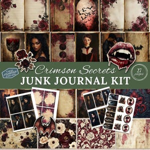 Crimson Secrets Printable Junk Journal Kit, Vampire Papers, Halloween Crafting Ephemera, Gothic Digital Papers, Instant Download, Maroon