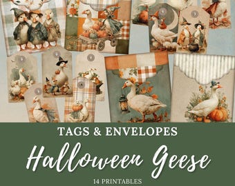 Halloween Geese Junk Journal Tags & Mini Envelopes, Autumn Printable Ephemera, Cottagecore Seasonal Paper Craft, Cute Fall Decor