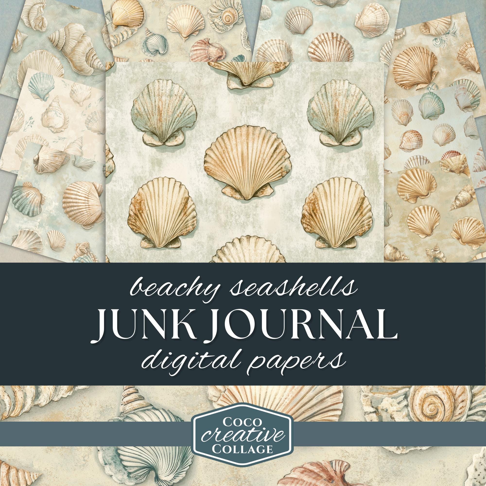 Vintage Pastel Beach Digital Paper, 10 Seashell Scrapbook Patterns for Junk Journals, Seafoam and Cream Collage Sheets