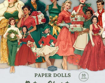 May include: A vintage-style illustration featuring a group of paper dolls in retro Christmas attire. The dolls are dressed in various shades of red, green, and white, holding gifts and wreaths. The text "Retro Christmas" is displayed below the dolls.