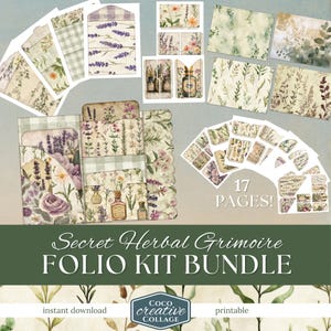 Kit de fólio de grimório de ervas, pacote de itens efêmeros do jardim secreto, frascos de boticário para impressão, etiquetas de bolsos botânicos Green Witch Junk Journal Spring