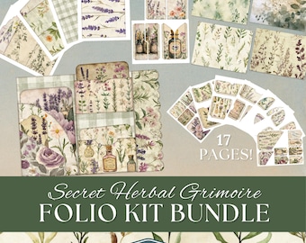 Herbal Grimoire Folio Kit, Secret Garden Ephemera Pack, Apothecary Bottles Printable, Botanical Pockets Tags Green Witch Junk Journal Spring
