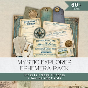 Pode incluir: Uma coleção de efemérides em estilo vintage, incluindo bilhetes, etiquetas, rótulos e cartões de diário. O design apresenta texturas de papel envelhecido, uma bússola e o texto "Mystic Explorer Ephemera Pack". A paleta de cores inclui azuis, castanhos e cremes suaves.