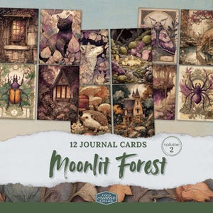 May include: A collection of 12 journal cards with a fantasy theme. Each card features a unique illustration of forest creatures, buildings, and landscapes in shades of purple, green, and brown. The text "Moonlit Forest" is displayed on the bottom of the cards.