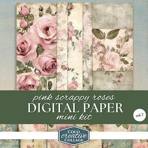 Pink Rose Scrappy Papers, Vintage Floral Digital Download, Shabby Chic Junk Journal Craft Supplies, Antique Collage Scrapbook Paper