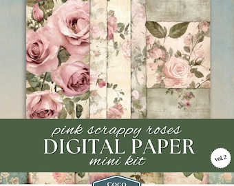 Pink Rose Scrappy Papers, Vintage Floral Digital Download, Shabby Chic Junk Journal Craft Supplies, Antique Collage Scrapbook Paper