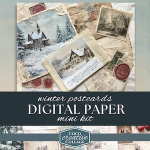 Vintage Winter Postkarte Ephemera Mini Kit, Junk Journal Papiere, Winter in Frankreich Digitale Collage, bedruckbare Seiten, Cottagecore Ästhetik