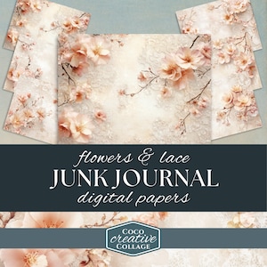 Páginas de diário digital de renda floral rosa, folhas de scrapbook para impressão de itens vintage, papel de parede de tecido em tons suaves femininos