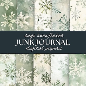 Peut inclure: Ensemble de 10 papiers numériques avec des flocons de neige aquarelle vert sauge sur un fond blanc. Les papiers sont parfaits pour le journalisation de rebuts, le scrapbooking et autres projets d'artisanat.  Papiers numériques pour journal de rebuts Flocons de neige sauge.