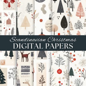 Kit di carte digitali con decorazioni per l'albero di Natale scandinavo, 10 semplici pagine di diario con motivi nordici minimalisti